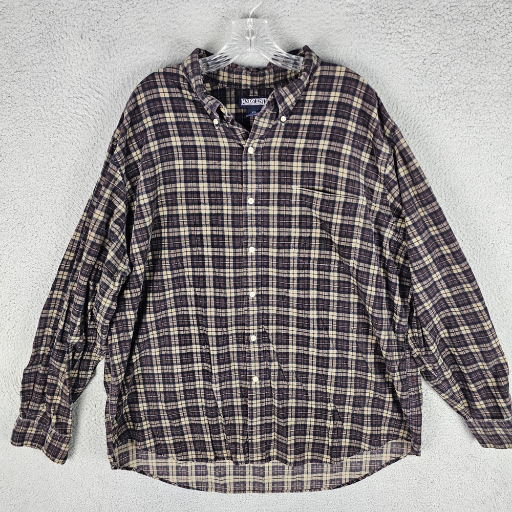 Lands End Button Down Mens XXL Brown Plaid Corduroy Long Sleeve Shirt Vintage